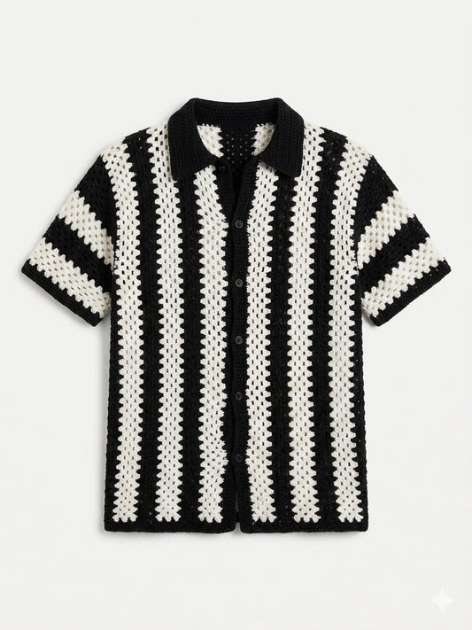 Men's Summer Crochet Shirt in Black & White Stripes