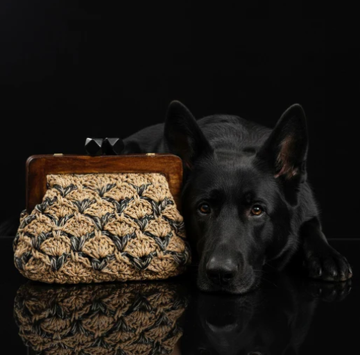 ZD Bois Beige & Black Raffia Clutch & Gold Cord