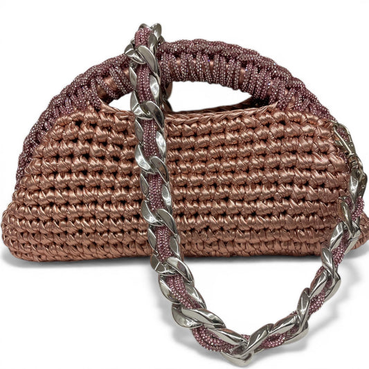 ZD Raseel Rose Gold Clutch With Rhinestone Entwined Shoulder Strap