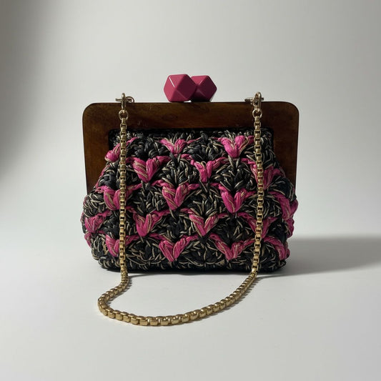 ZD Bois Black & Hot Pink Raffia Clutch With Gold & Silver Cord