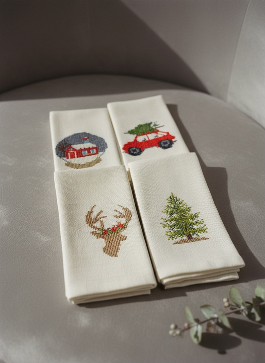 Christmas Cross Stitch Napkins Set of 4