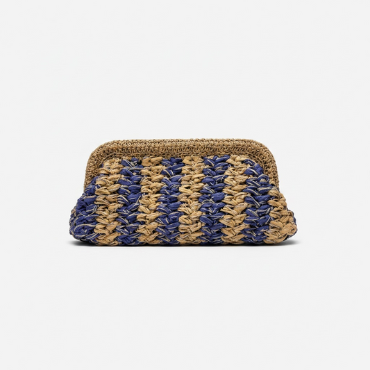 ZD Raffia Clutch Denim on Beige with Silver & Gold Cord