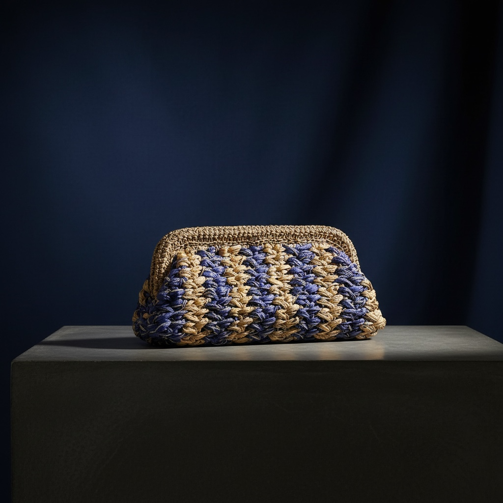 ZD Raffia Clutch Denim on Beige with Silver & Gold Cord