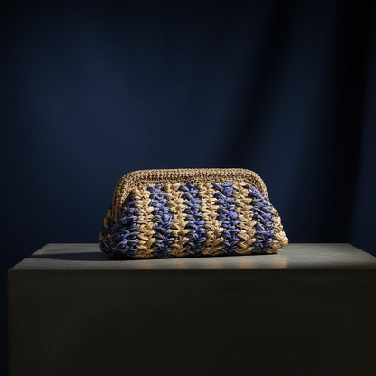 ZD Raffia Clutch Denim on Beige with Silver & Gold Cord