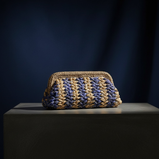 ZD Raffia Clutch Denim on Beige with Silver & Gold Cord