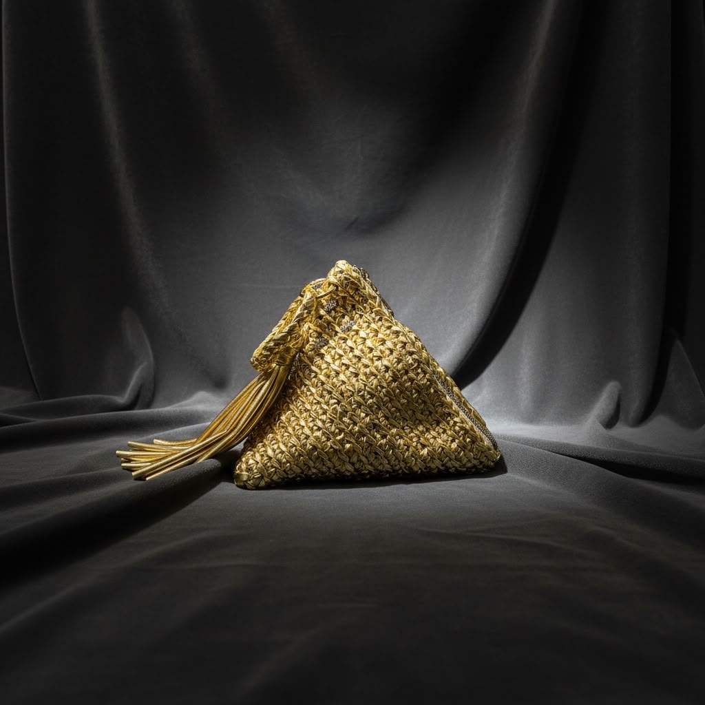 Gold upcycled t-shirt yarn crochet pyramid clutch with tassel on dark velvet