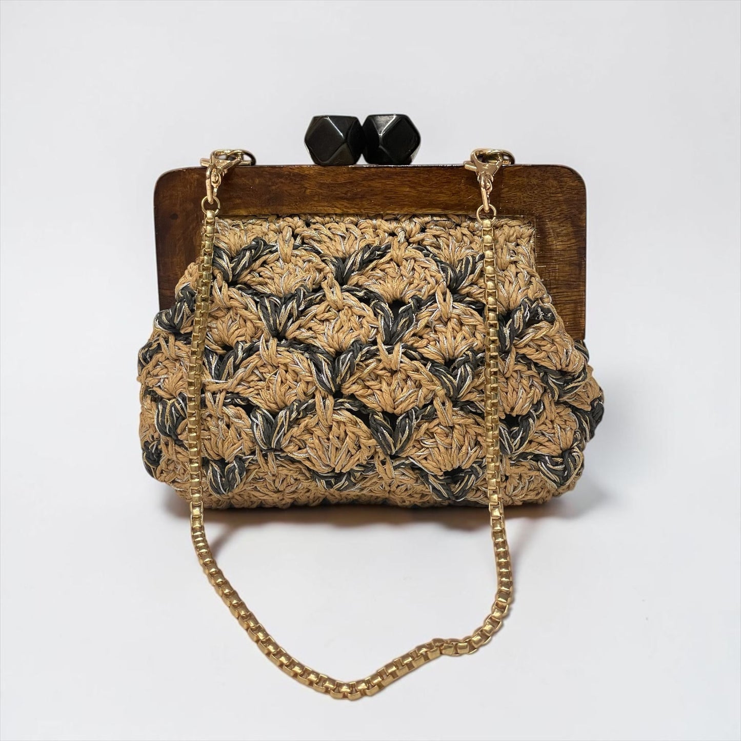 ZD Bois Beige & Black Raffia Clutch & Gold Cord