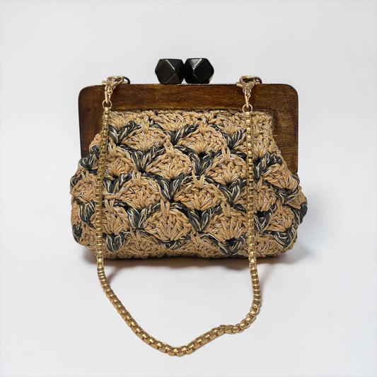 ZD Bois Beige & Black Raffia Clutch & Gold Cord