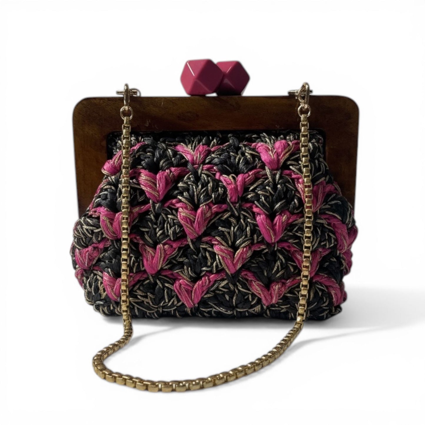 ZD Bois Black & Hot Pink Raffia Clutch With Gold & Silver Cord