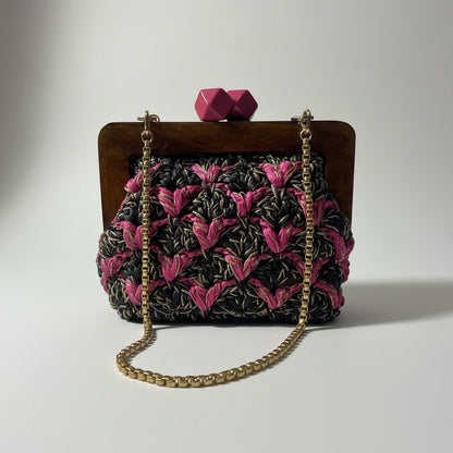 ZD Bois Black & Hot Pink Raffia Clutch With Gold & Silver Cord